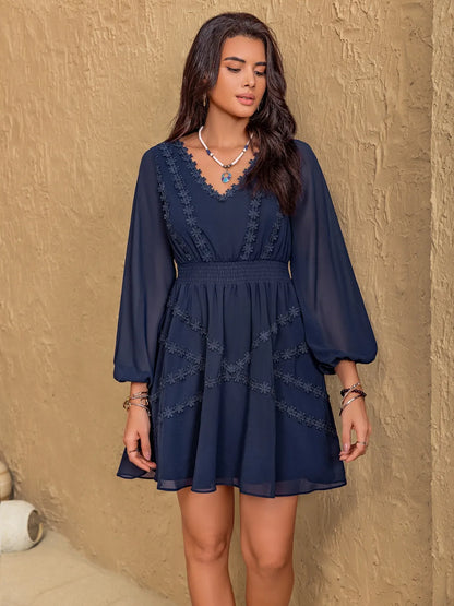 Lace Detail V-Neck Balloon Sleeve Mini Dress