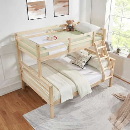 Twin Over Full Bunk Bed With Thick Posts,Wooden Bunk Bed With High Guardrail And Ladder For Kids, Teens, Dorm Rooms, And Guest Rooms,No Box Spring Needed,Natural