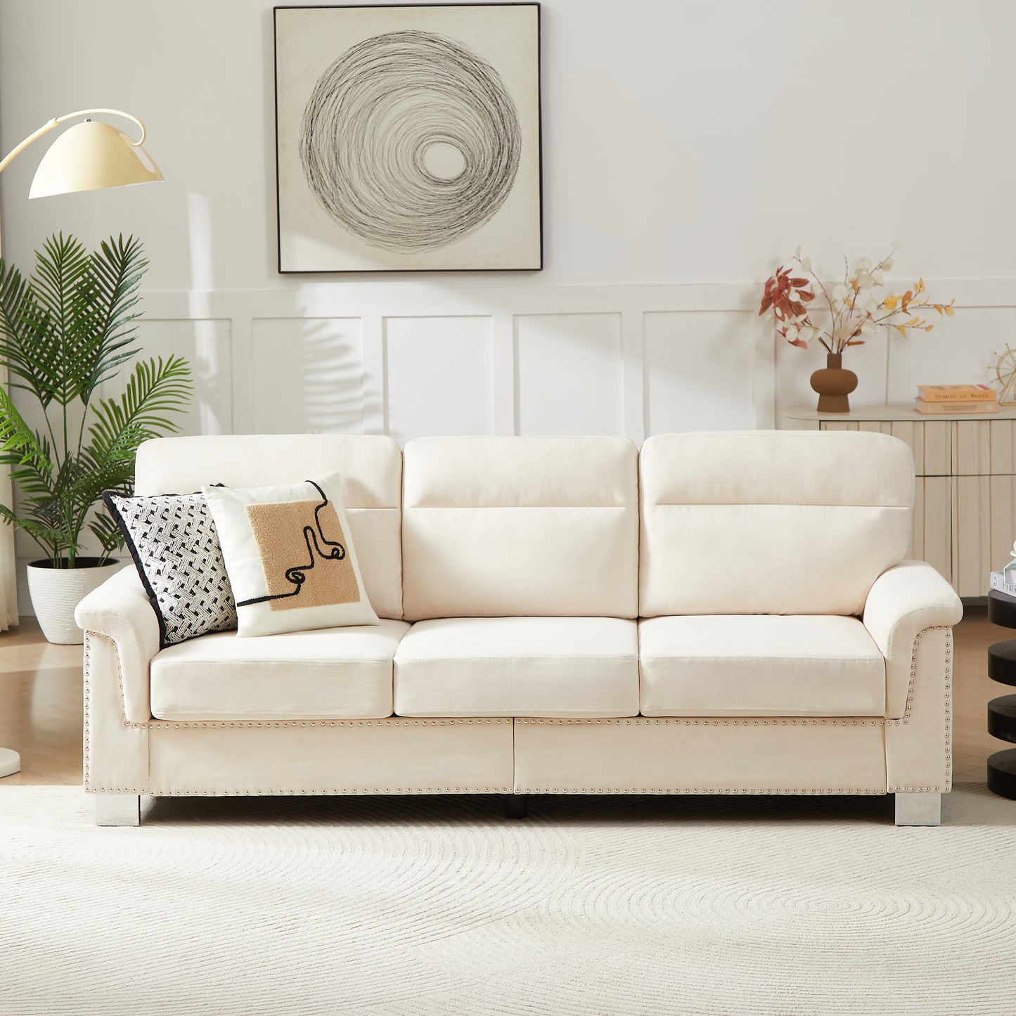 82 Modern Compressed Snowfleece Fabric 3-Seater Sofa, For Living Room, Bedroom, Office & Entertainment Spaces, Beige