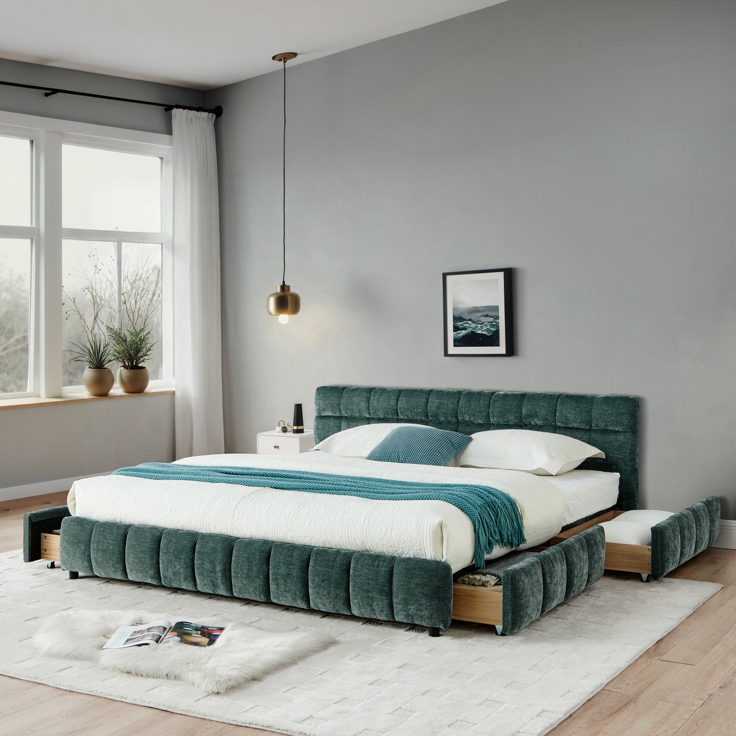 California King Size Upholstered Bed ,comfortable Upholstered Bed Frame, Chenille Fabric, With Headboard And Solid Bed Frame. With Drawer For Storage.-Blue Green 90.5x80.5x31