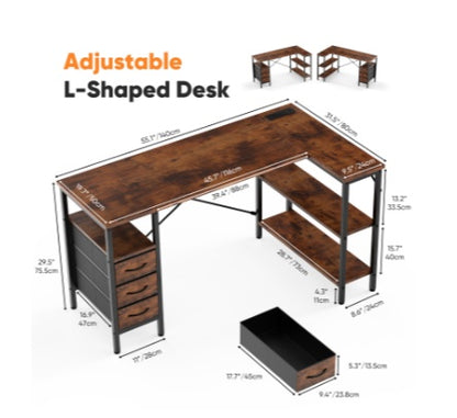L-shaped Computer Gaming Table With Monitor Stand, 3 Drawers, USB Interface, Power Socket, Corner Workstation