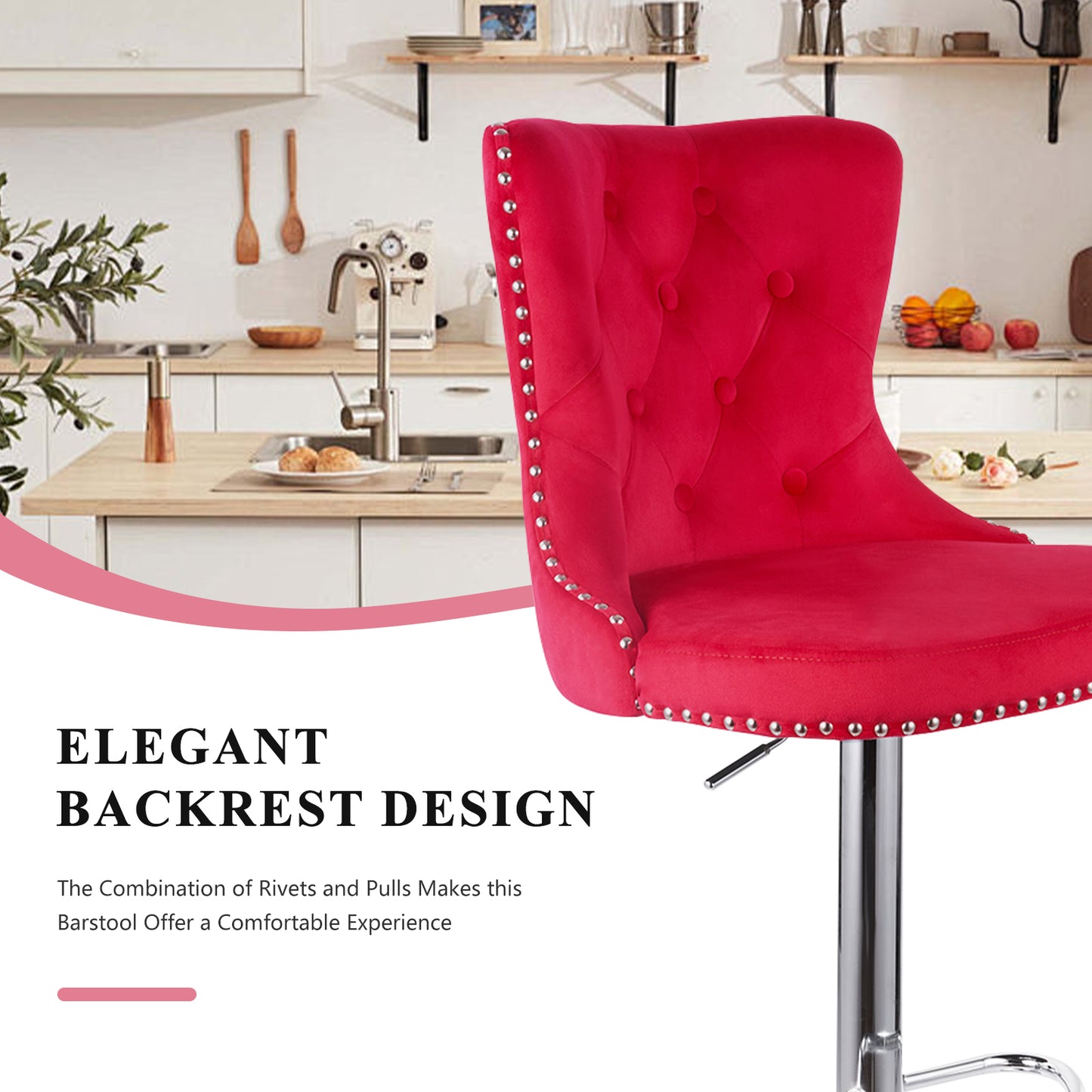 Velvet Swivel Bar Stools, Modern Bar Stools With High Back And Metal Footrest, Adjustable Swivel Barstools