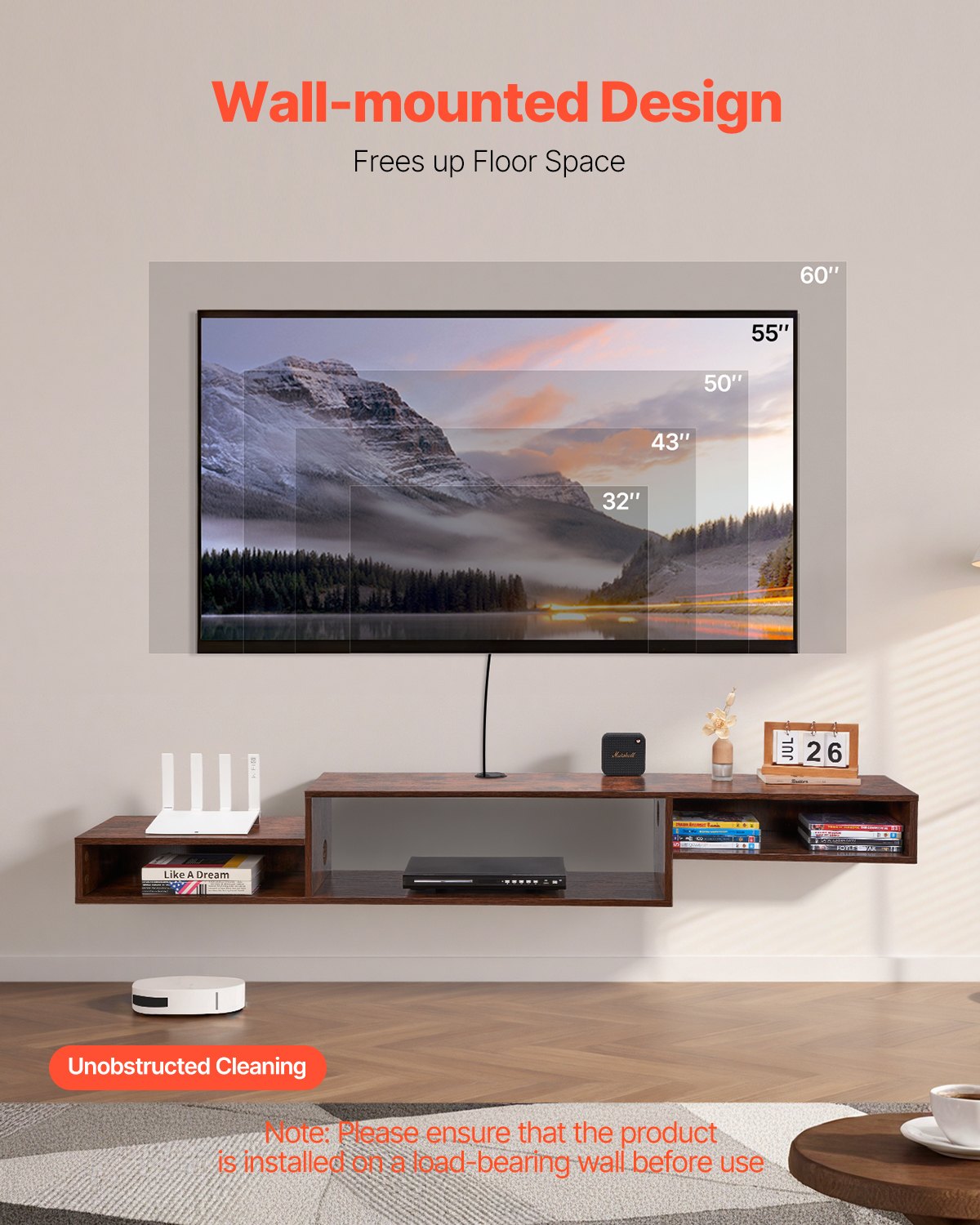 Floating TV Stand, 70" Wall Mount Entertainment Center With Power Outlet & Cable Hole, Modern Floating TV Shelf With Storage Cabinet For DVD Player, Cable Box, Game Console, TV Accessory, Wood