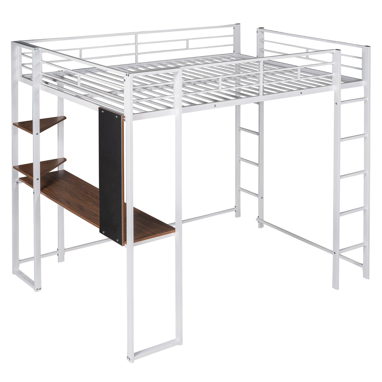 Full Size Metal Loft Bed With Desk, 2 Shelves, White - LP000191AAK