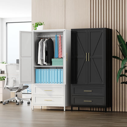 METAN Metal Wardrobe Closet With Doors,Armoire Wardrobe Closet With 2 Drawers For Bedroom,Assembly Required,Black