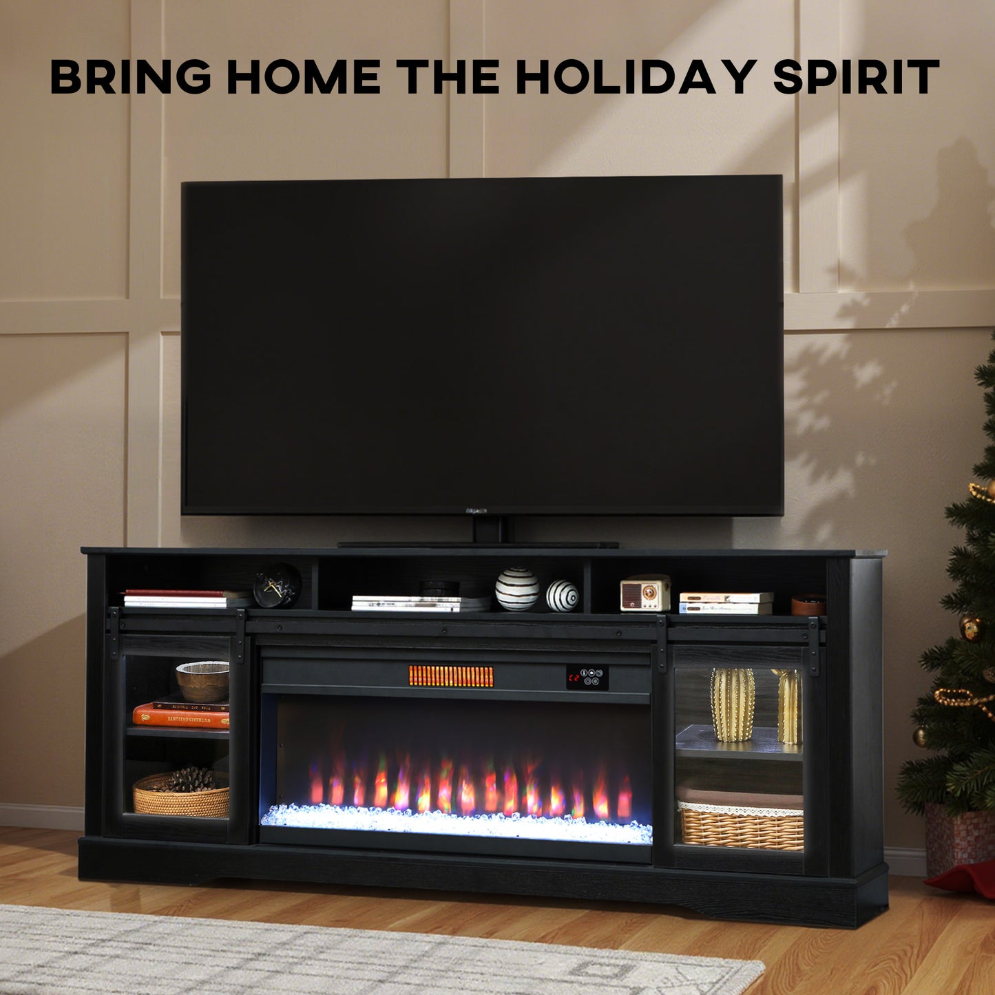 Fireplace TV Stand for TVs Up to 80 Inch, TV Console with Electric Fireplace, Open Storage and Side Cabinets, Black