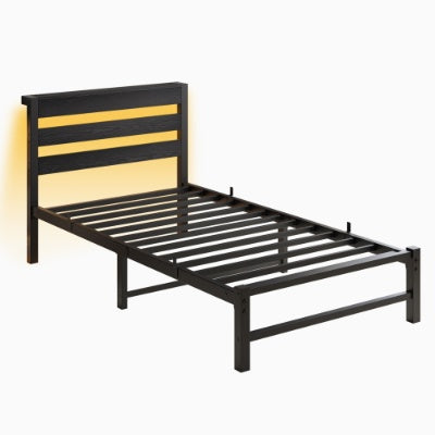Twin Size Bed Frame Heavy Duty Platform Bed Frame With Headboard, USB Charging Station, LED Bed, No Box Spring Needed, Mattress Foundation, Strong Steel Slats, Noise Free, Black