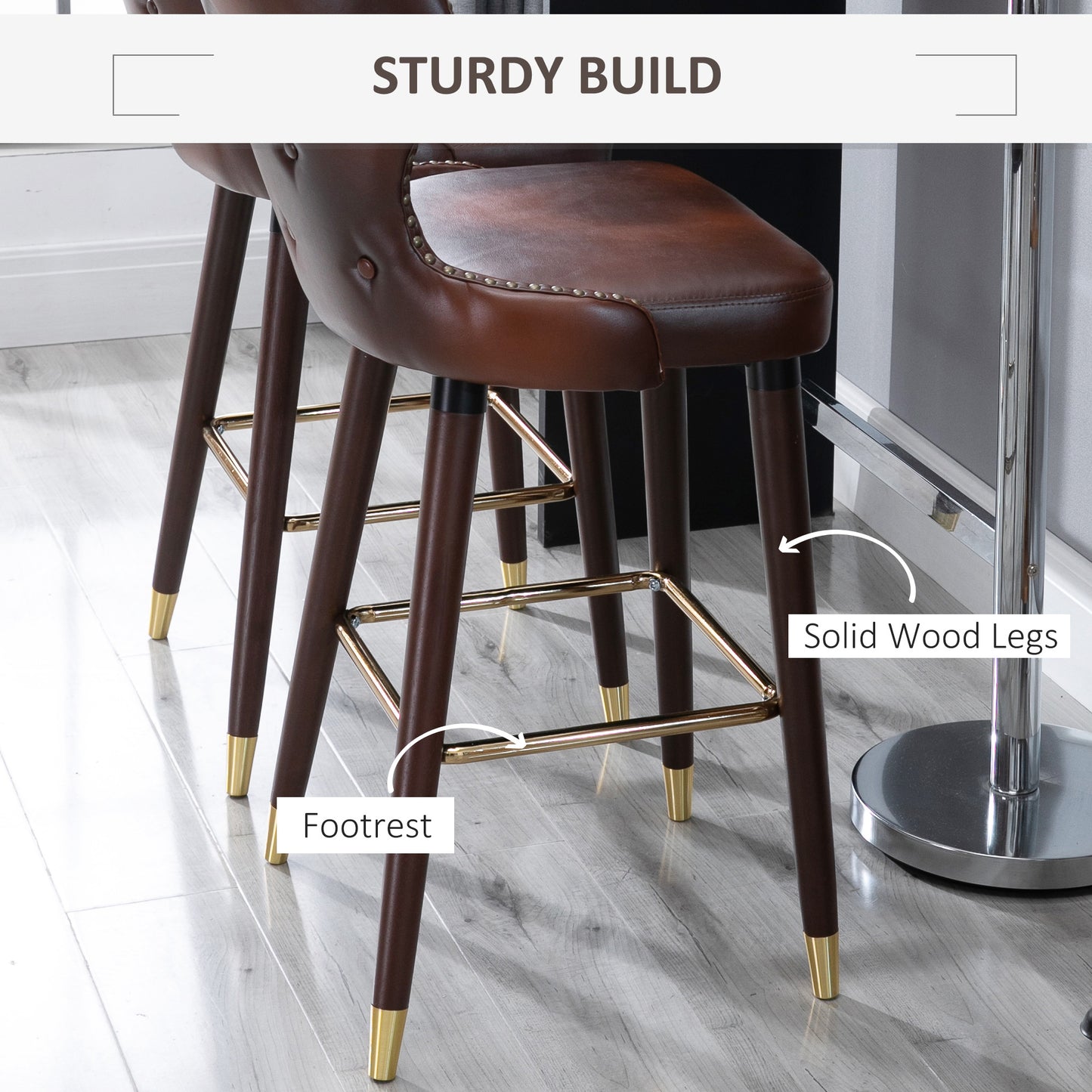 Bar Stools Set Of 2, PU Leather Barstools With Back, Footrest And Wood Legs For Kitchen, Counter, Breakfast Bar, Brown