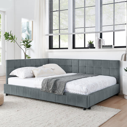 Full Size Upholstered Tufted Bed Frame, Sofa Bed Frame With Comfortable Backrest And Armrests, Full Size Bed For Bedroom, Living Room,Velvet, Grey 80.5x59x30.5