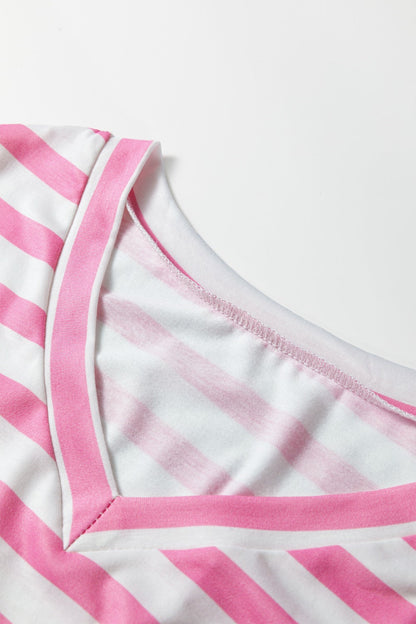 Stripe V Neck Patched Pocket Casual T Shirt