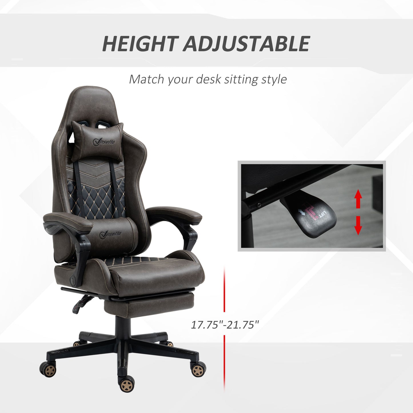 Racing Gaming Chair Diamond PU Leather Office Gamer Chair High Back Swivel Recliner With Footrest, Lumbar Support, Adjustable Height, Brown