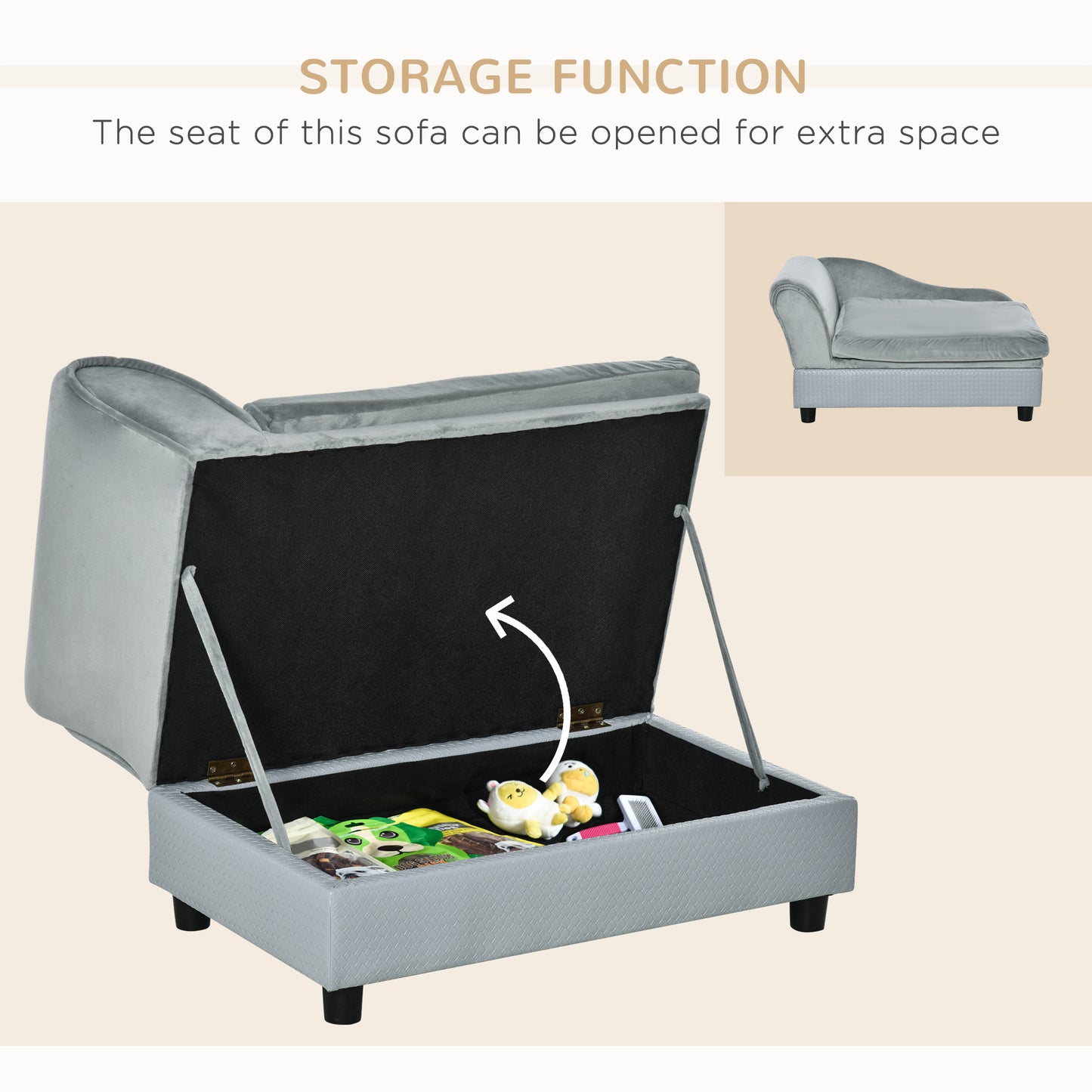 Luxury Dog Bed For Small Dogs, Hidden Storage, Soft Foam Couch, Modern Pet Furniture, Gray