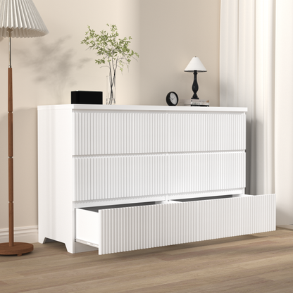 Modern White 6 Drawer Dresser, Wave Panel Drawer Fronts, Storage Cabinet, Versatile Chest Of Drawers For Bedroom, Living Room - Sleek & Spacious Home Storage Solution