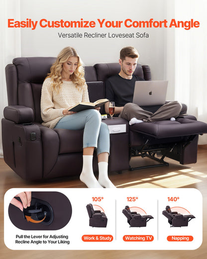 Loveseat Recliner Sofa, Manual Reclining Couch With Center Console, PU Faux Leather Recliner Sofa With USB Ports, Cup Holders And Storage Bags, Dual Loveseat Chair For Living Room/RV, Brown
