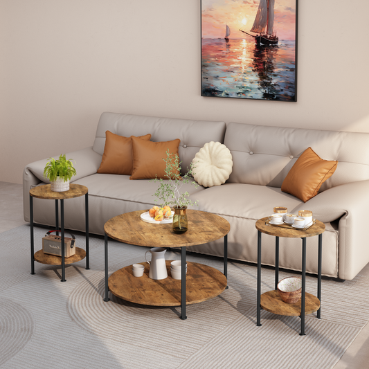 3-Piece Coffee Table And End Table Sets For Living Room, Round Coffee And End Table Set Of 3 With Large Storage, Modern Farmhouse Furniture For Apartment Home Rustic Brown
