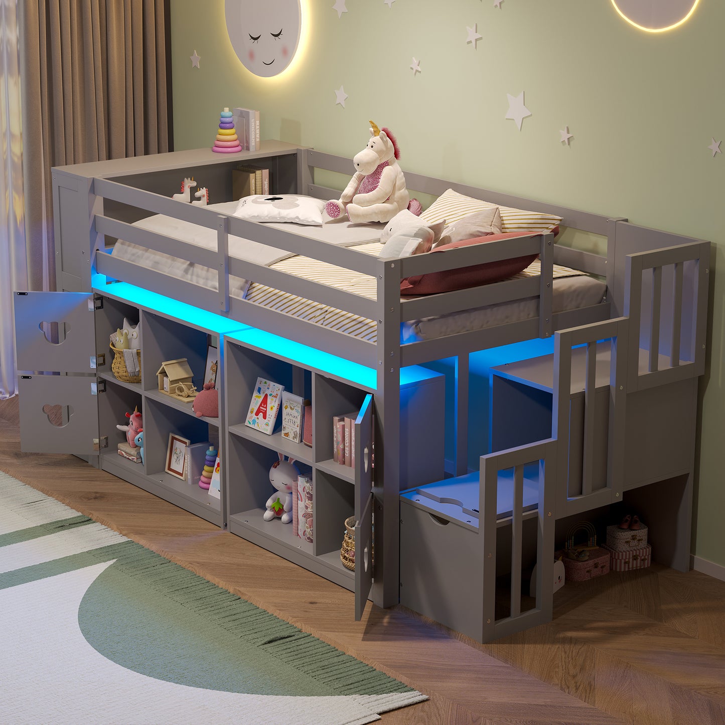 TWIN SIZE LOW LOFT BED WITH SHELVES, STORAGE HEADBOARD, AND STAIR OF GREY COLOR