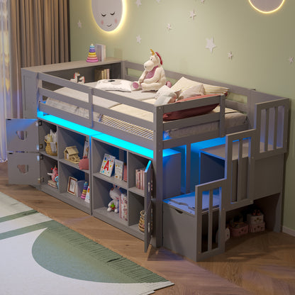TWIN SIZE LOW LOFT BED WITH SHELVES, STORAGE HEADBOARD, AND STAIR OF GREY COLOR