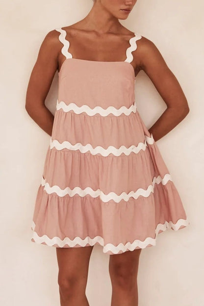 Contrast Trim Square Neck Tiered Dress