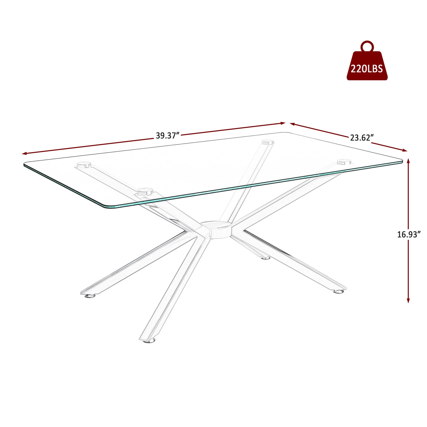 39.37  Rectangular Clear Tempered Glass Coffee Table,Stylish Design With Silver Metal Legs, Coffee Table For Living Room