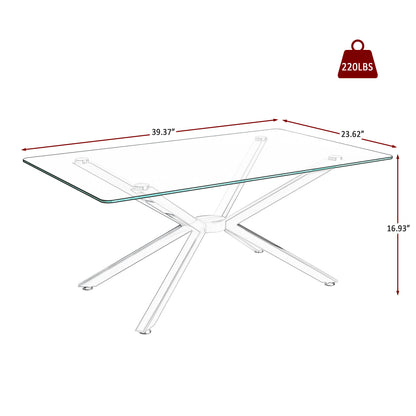 39.37  Rectangular Clear Tempered Glass Coffee Table,Stylish Design With Silver Metal Legs, Coffee Table For Living Room