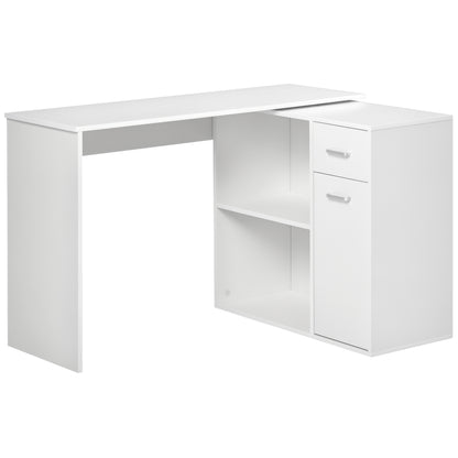 L Shaped Computer Desk, 180° Rotating Corner Desk with Storage Shelves, Drawer and Cabinet, Study Workstation for Home Office, White