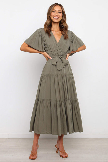 Tied Tiered Short Sleeve Midi Dress