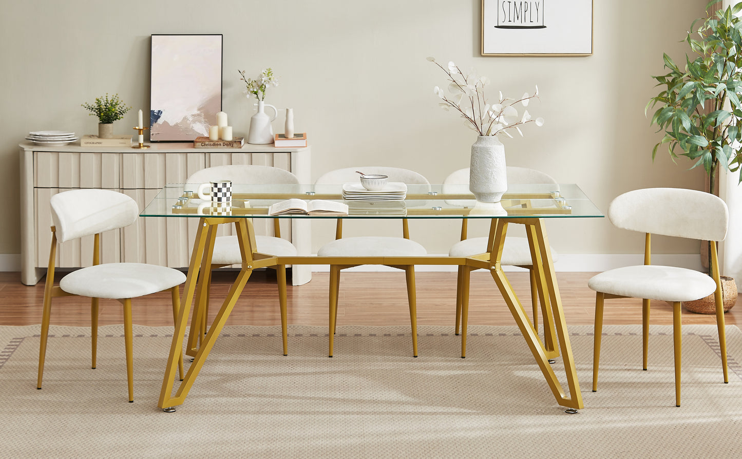 70.9-inch Rectangular Glass Dining Table, Suitable For 1-8 People, Modern Style Home Kitchen Dining Table, Equipped With Sturdy Metal Table Legs,suitable For Dining Room,living Rooms, Offices, Gold
