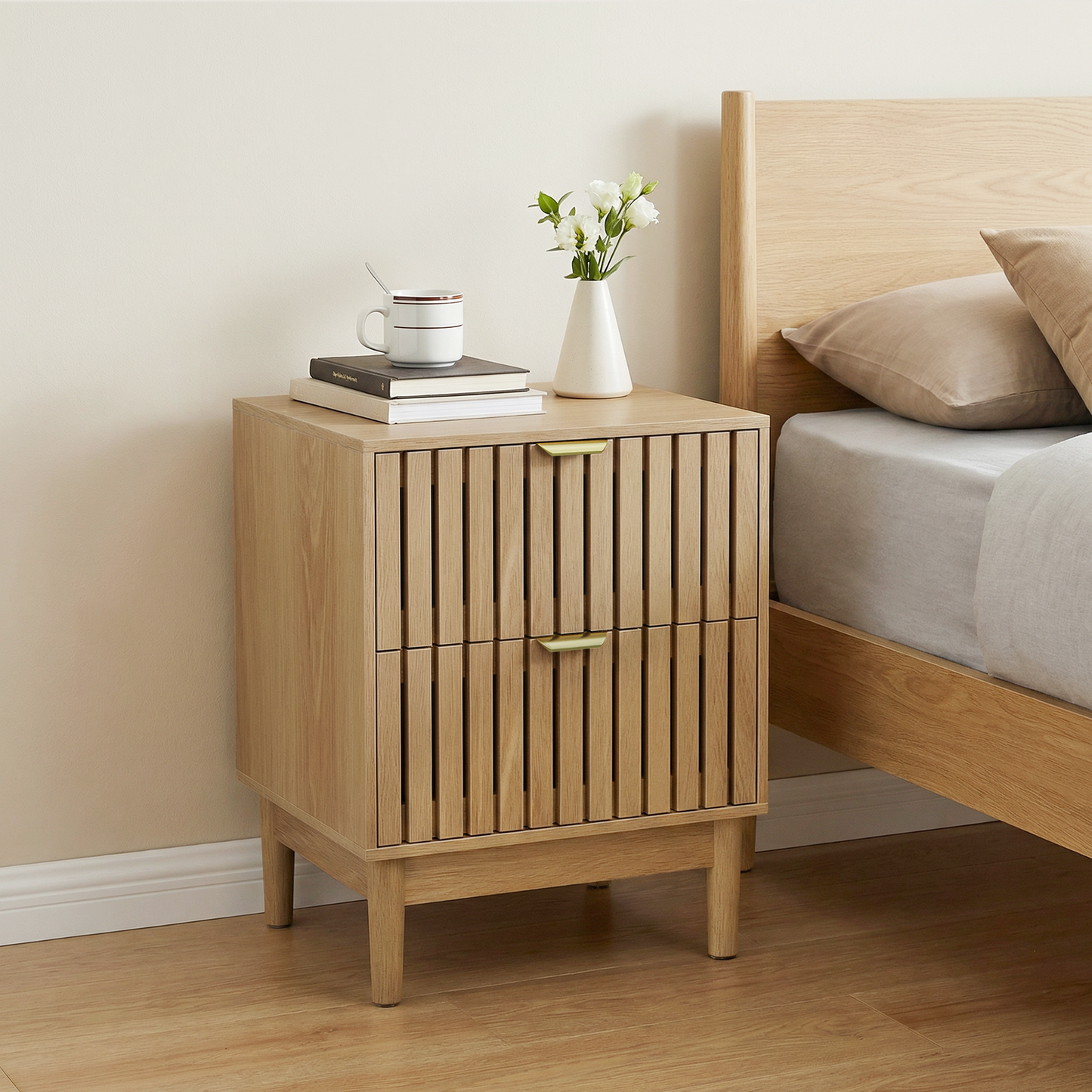 Mid-Modern Style Oak Bedside Table With Grille Design And Two Drawers. Suitable For Bedrooms, Hallways, And Living Rooms. Wooden Side Table, 17.72 X 15.35 X 22.34 Inches, Two-piece Set