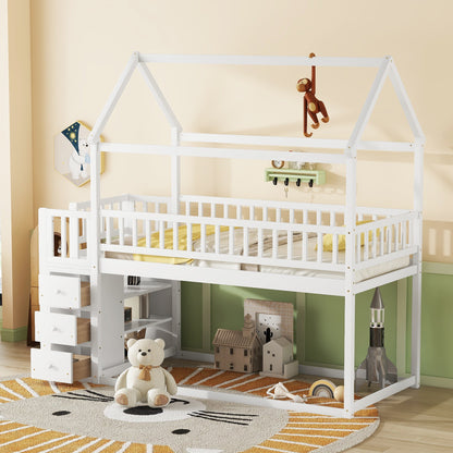 TWIN TWIN HOUSE BUNK BED WITH SHELVES AND DRAWERS FOR WHITE COLOR