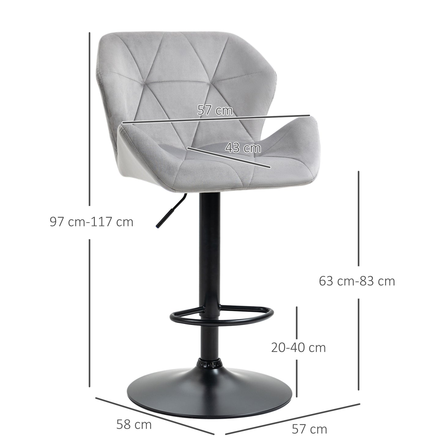 Bar Stools Set Of 2, Luxurious Velvet-Touch Barstools With Metal Frame Footrest Round Base Triangle Indenting Moulded Seat Adjustable Height Swivel Grey