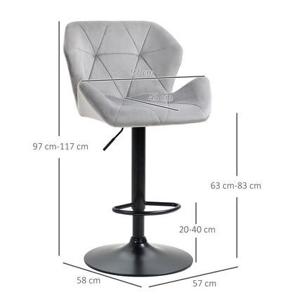 Bar Stools Set Of 2, Luxurious Velvet-Touch Barstools With Metal Frame Footrest Round Base Triangle Indenting Moulded Seat Adjustable Height Swivel Grey