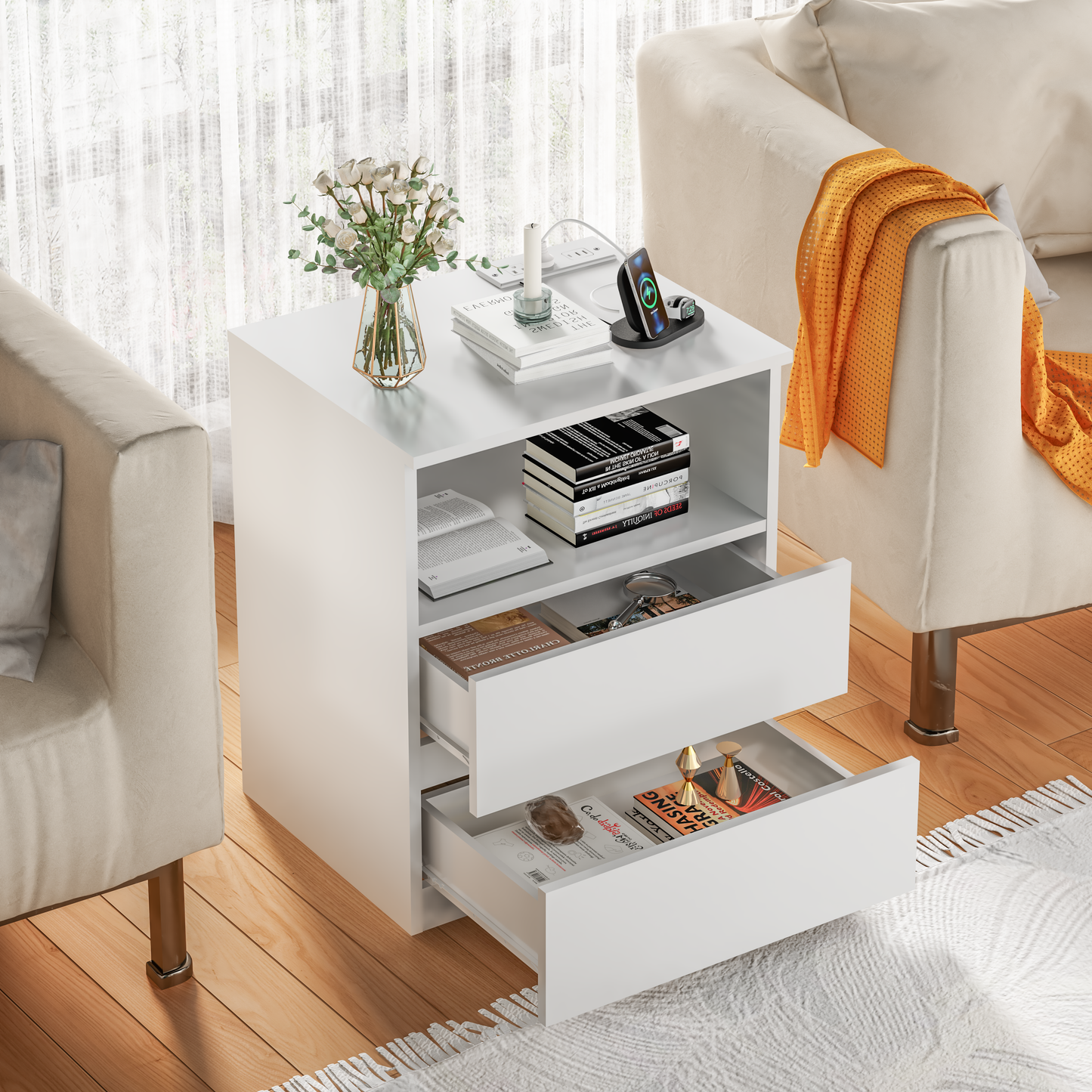 Set Of 2 End Table With Fast USB C Charging Station, Sofa Side Table With 2 Drawers, Large Storage Modern Wood Storage Cabinet For Living Room,Bedroom,Office, White