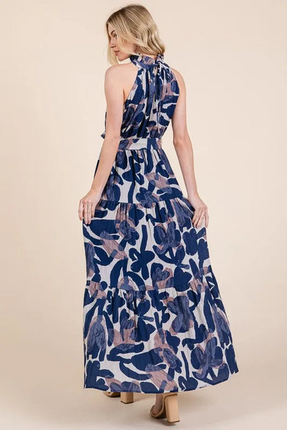 Lime 'N' Chili Abstract Halter Neck Tie-Waist Tiered Maxi Dress