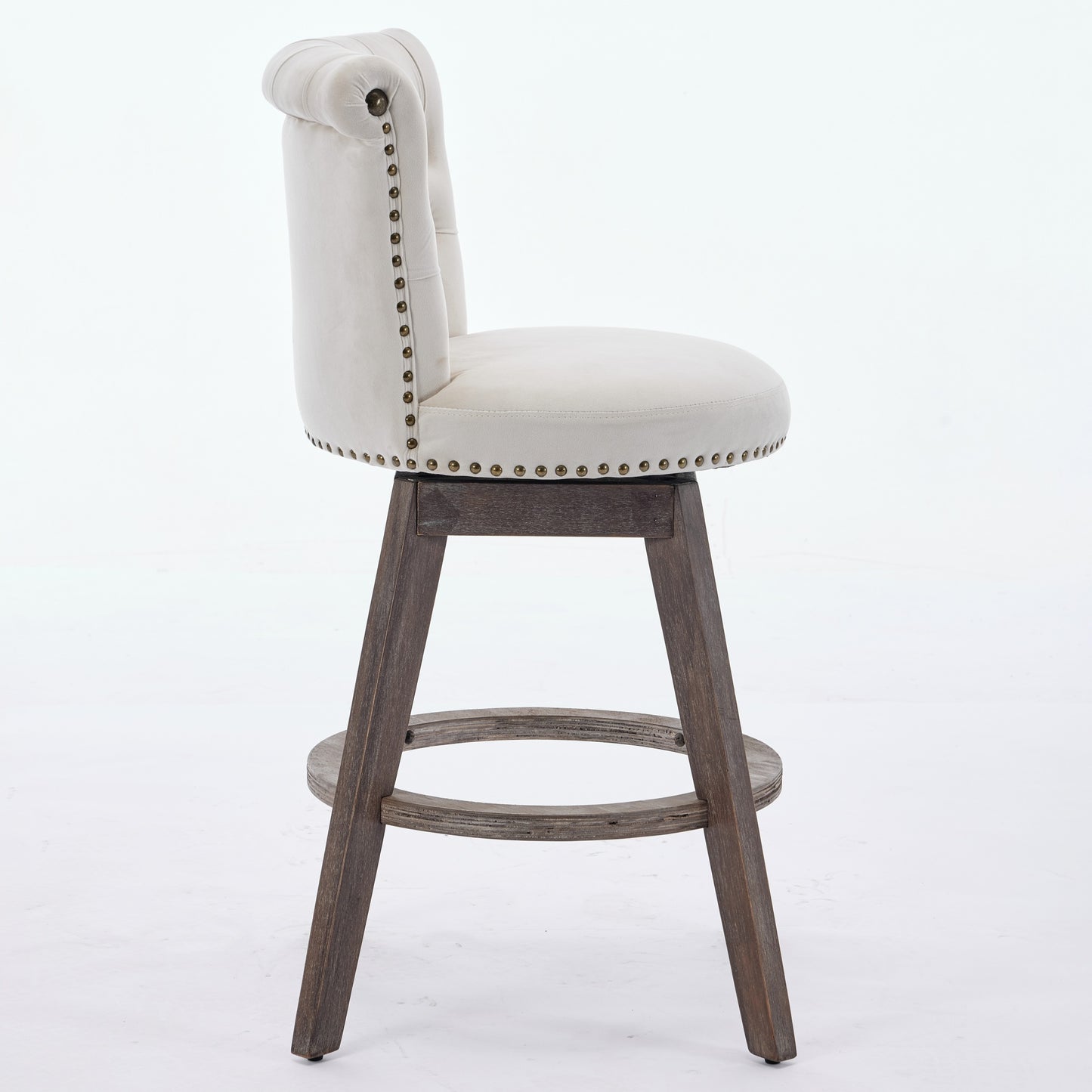 26 Counter Height Bar Stools Set Of 2, 360 Swivel Stools With Back  Hand - Tufted Button - Trimmed Edges, Upholstered Velvet Kitchen Counter Stools On Wood Legs,Beige,SW1868BG
