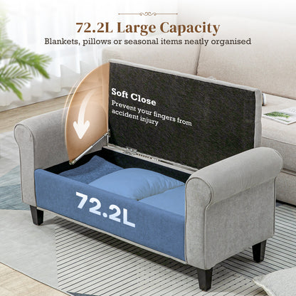 50 Inches Storage Ottoman, End of Bed Bench with Rolled Arms, Wood Legs, Button Tufted Storage Bench, Gray