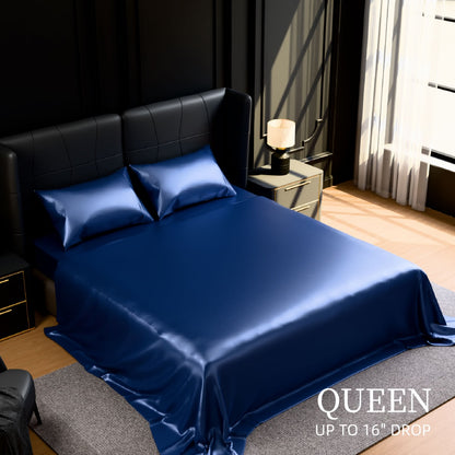 Satin Bed Sheets, Queen Size Sheets Set, 4 Pcs Silky Bedding Set With 15 Inches Deep Pocket For Mattress Queen, Navy Blue