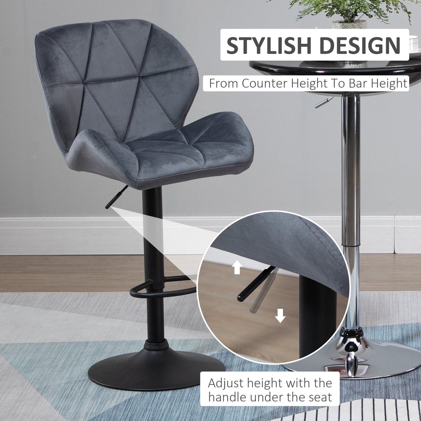 Adjustable Bar Stools Set Of 2, Armless Upholstered Swivel Counter Chairs, Barstools With Back, Footrest, Dark Grey