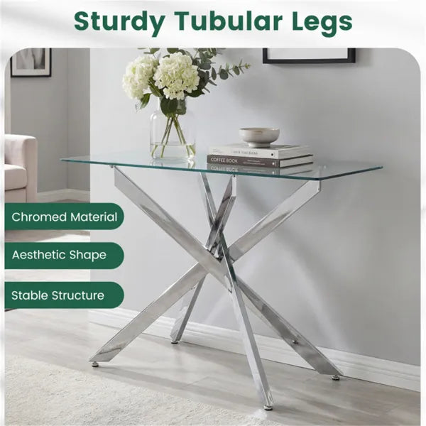 45 Inch Tempered Glass Entryway Table, Silver Chrome Metal Console Table With Adjustable Feet For Home Decor