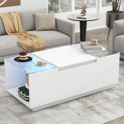 U-Can Led Coffee Table, Modern Center Table With High-Gloss Finish And Glass Tabletop, Coffee Table With Open Storage Compartment And 2 Hidden Drawers  For Living Room