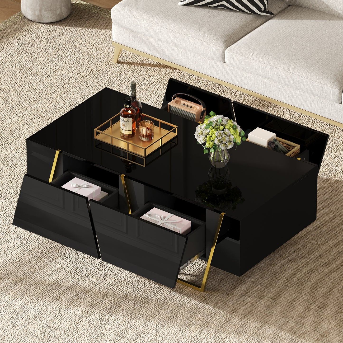 Modern Rectangular High Gloss Coffee Table For Living Room With Storage And Gold Base, 4 Drawers, Black, 47.2