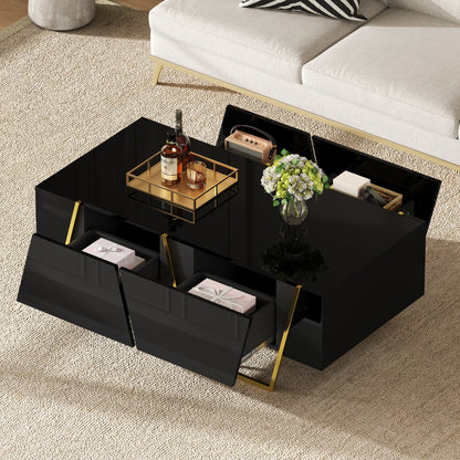 Modern Rectangular High Gloss Coffee Table For Living Room With Storage And Gold Base, 4 Drawers, Black, 47.2