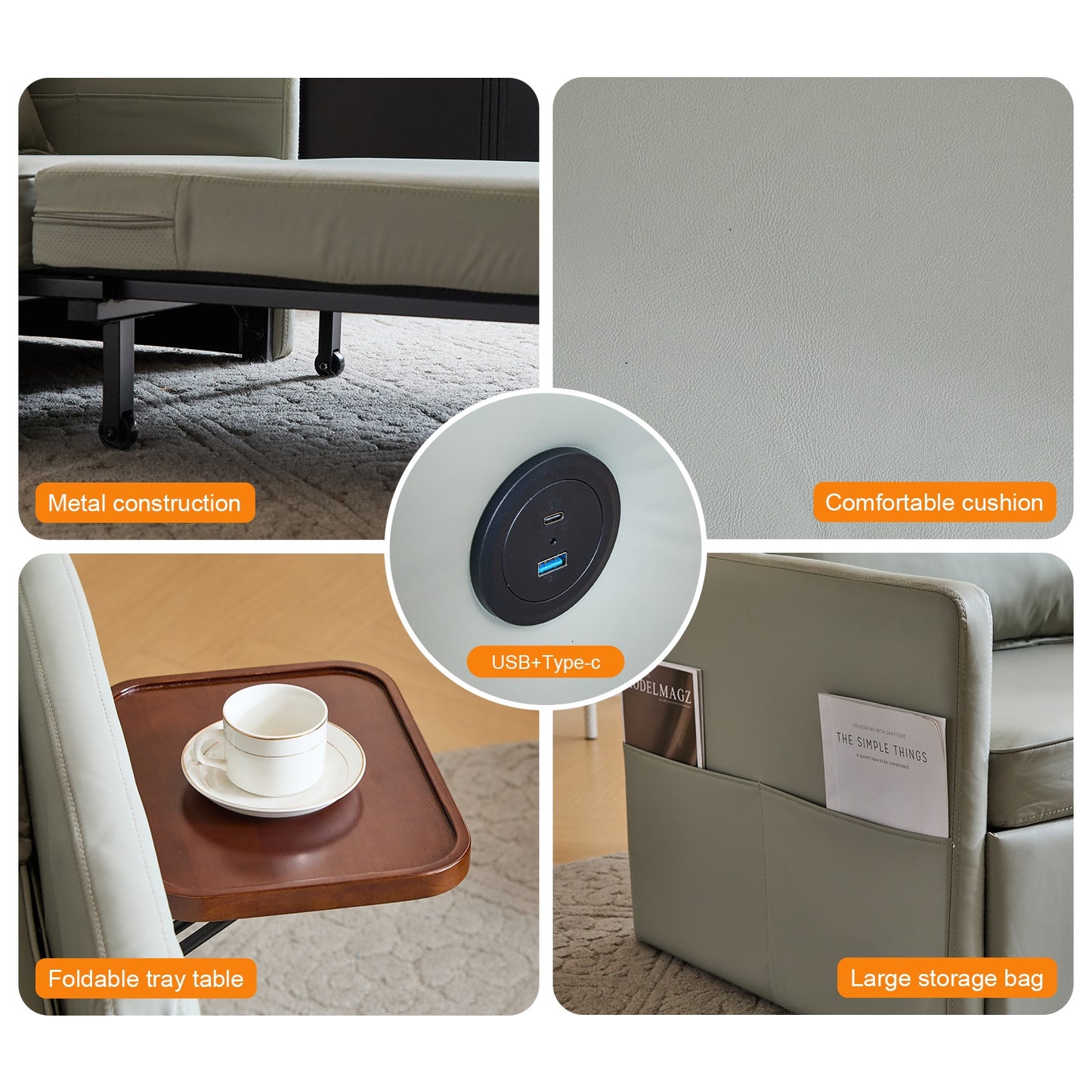 Adult Sleeper Chair Bed, 3-in-1 Convertible Sofa Chair Bed Pull-out Sofa Bed, Convenient Folding Tray Table With USB And Type-C Charging Ports For Living Room Cannot Be Sold On Temu