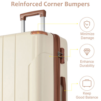 Hardshell Luggage, Lightweight Durable ABS Suitcases With Double Wheels, Expandable 24-inch Checked Luggage 24 White Brown