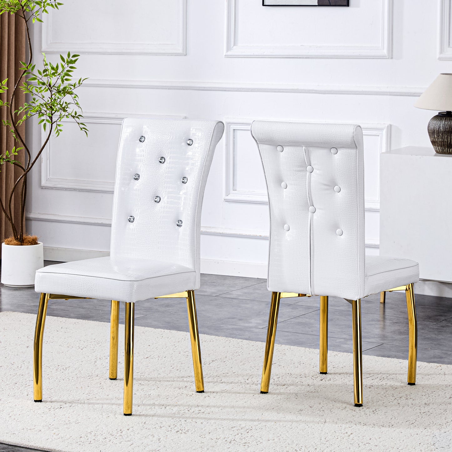 Set Of 2,Retro Alligator Skin Upholstered Dining Chairs,with Crystal Buckle Design And Faux Leather Design,a Touch Of Elegance And Mystery To The Dining Area.Gold Plated Metal Feet