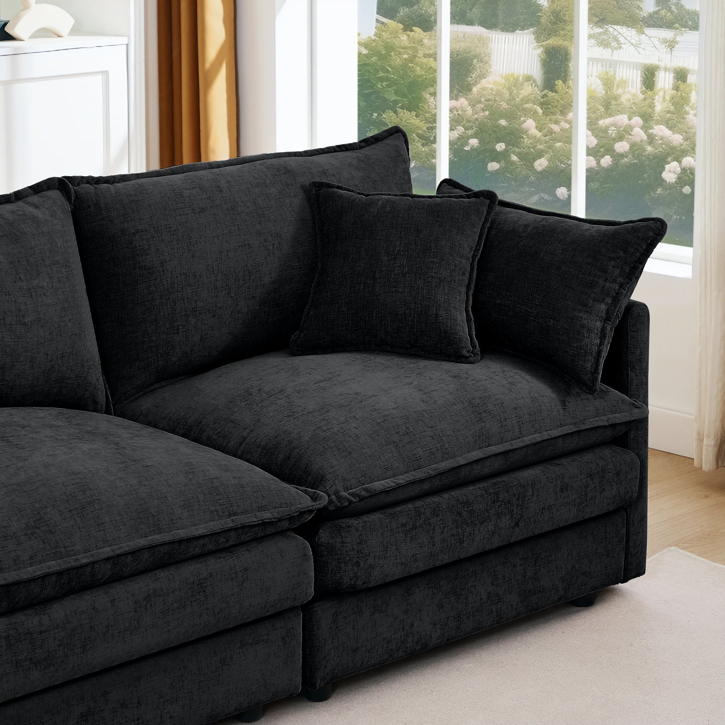 Modular Sectional Sofa, 102 Inch L Shaped Couch Set For Living Room, 3-Seater Comfy Cloud Couches With Movable Ottoman, DIY Combination, Chenille, Black