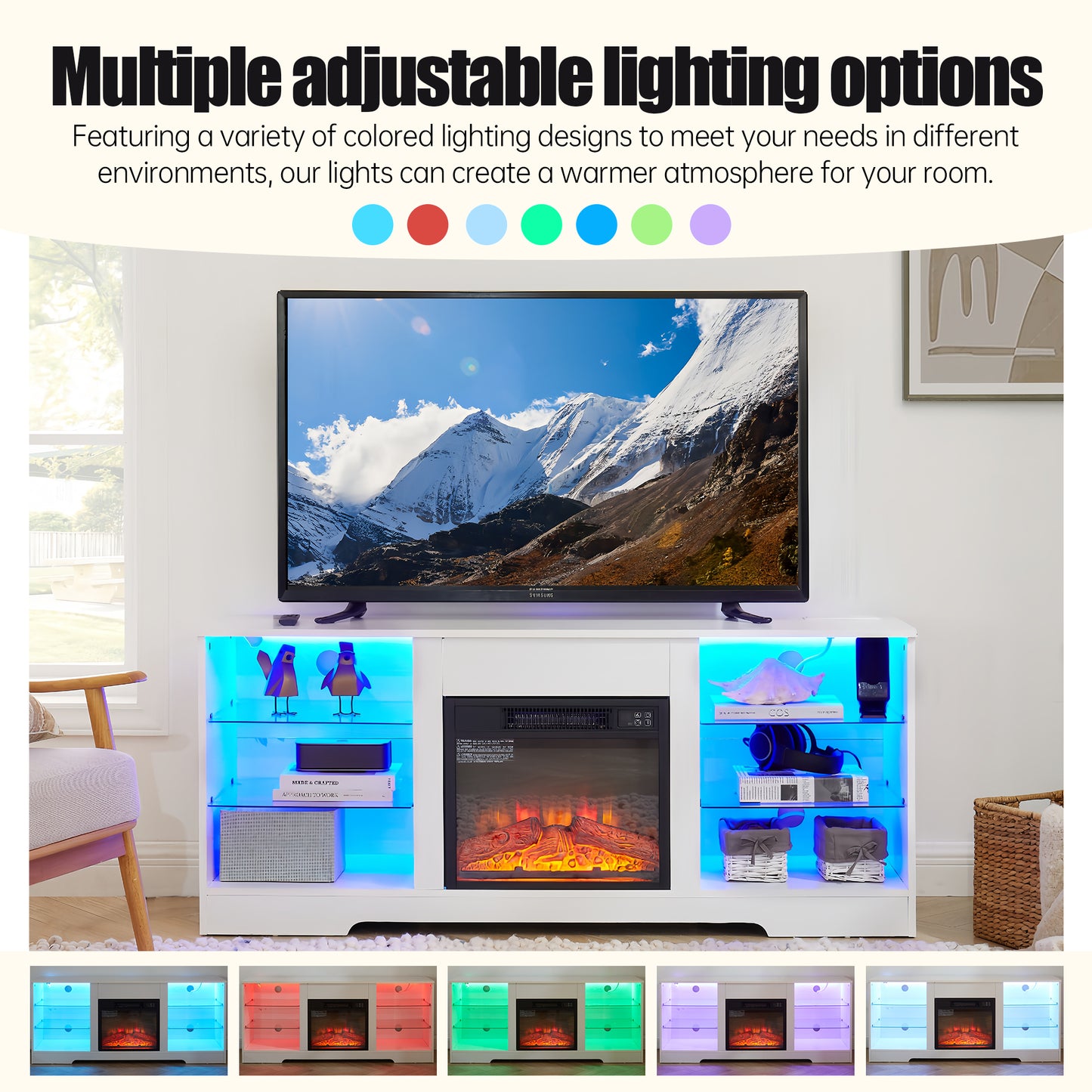 TV Stand Electric Fireplace TV Stand With Glass Shelves, 3D Fireplace TV Stand With LED Lights Wood With USB Charging Outlet Modern Television Table Center For TV Up To 32-62 White 58 W 15.4Dx24.4