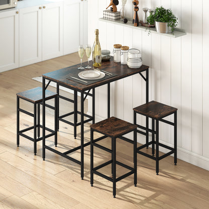 5-Piece Breakfast Bar Table And Stools Set, Kitchen Bar Table Set With High Table And 4 Stools, Space Saving Compact Dining Furniture For Small Spaces, Rustic Brown
