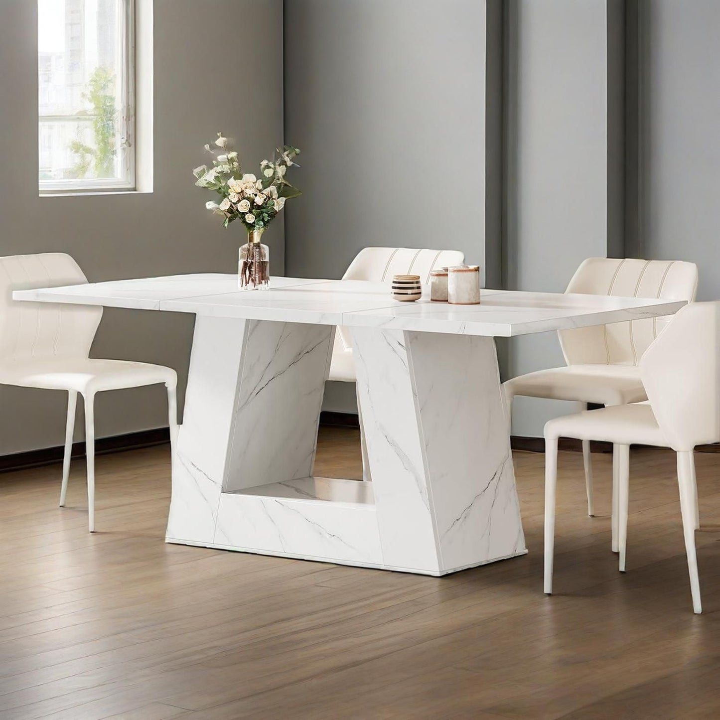 Dining Table For 4 To 6 People, 63" Rectangular Dining Room Table, Modern Wooden Faux Marble Dinner Table With Sturdy Base