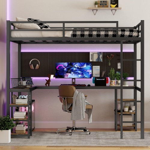 Full XL Metal Loft Bed With Desk And Shelves, Loft Bed With Ladder And Guardrails, Loft Bed Frame For Bedroom, Black