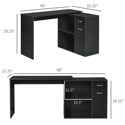 L Shaped Computer Desk, 180° Rotating Corner Desk with Storage Shelves, Drawer and Cabinet, Study Workstation for Home Office, Black